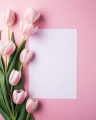 Abwaschbare Fototapete Elegant floral and paper blank in center. Beautiful flower. Branding mock up, holiday marketing concept. soft color pink background. Valentine's Day, Easter, Birthday, Happy Women's Day, Mother's Day. © megavectors