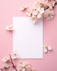 Elegant floral and paper blank in center. Beautiful flower. Branding mock up, holiday marketing concept. soft color pink background. Valentine's Day, Easter, Birthday, Happy Women's Day, Mother's Day. - obrazy, fototapety, plakaty