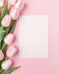 Elegant floral and paper blank in center. Beautiful flower. Branding mock up, holiday marketing concept. soft color pink background. Valentine's Day, Easter, Birthday, Happy Women's Day, Mother's Day.