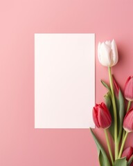 Elegant floral and paper blank in center. Beautiful flower. Branding mock up, holiday marketing concept. soft color pink background. Valentine's Day, Easter, Birthday, Happy Women's Day, Mother's Day.