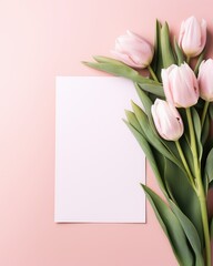 Elegant floral and paper blank in center. Beautiful flower. Branding mock up, holiday marketing concept. soft color pink background. Valentine's Day, Easter, Birthday, Happy Women's Day, Mother's Day.