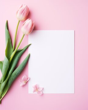 Fototapeta Elegant floral and paper blank in center. Beautiful flower. Branding mock up, holiday marketing concept. soft color pink background. Valentine's Day, Easter, Birthday, Happy Women's Day, Mother's Day.