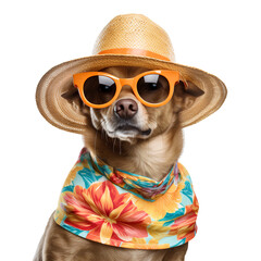 Dog wearing cool glasses and straw hat in summer clothes, isolated on transparent background, PNG, 300 DPI	