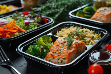 Ready healthy food catering menu in lunch boxes fish and vegetable packages as daily meal diet plan courier delivery with fork isolated on black table background. Take away containers order concept - obrazy, fototapety, plakaty