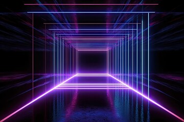 3d render Geometric figure neon light dark tunnel Laser glow - obrazy, fototapety, plakaty