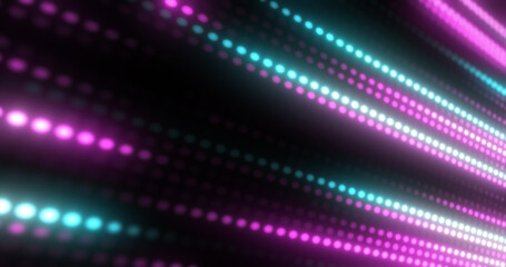 Abstract bright purple background pattern of flying lines of dots and glowing circles of futuristic digital energy magical bright particles