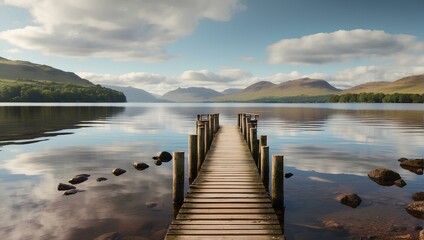 a wooden dock in the middle of a lake
