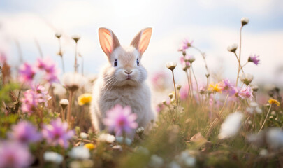 Enchanted Spring Meadow: Bunny Amidst Blossoming Wildflowers