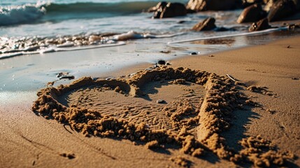 A heart drawn in the sand on a beach, love and nature concept