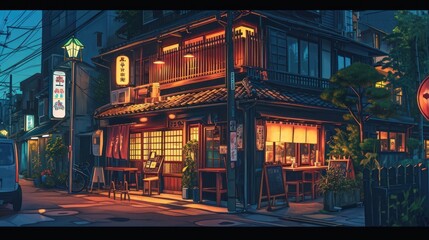 A beautiful Japanese Tokyo city ramen shop restaurant bar in the dark night evening, house on the...