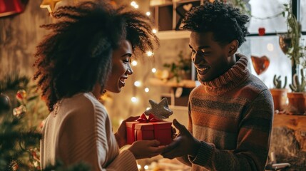 A biracial couple exchanging gifts on Valentine's Day - Powered by Adobe