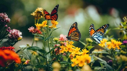 A colorful butterfly garden with various species of butterflies and flowers