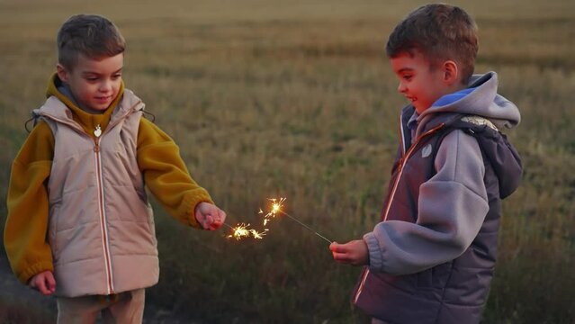 Two twin boys holding sparklers