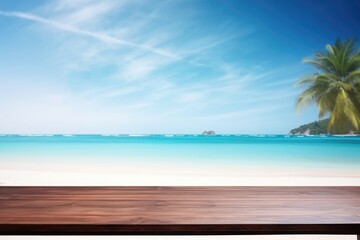 Fototapeta premium Table wood desk of space and summer beach landscape. Empty wooden table. Empty wood table over blue sea, beach background in summer day. With copy space for your product