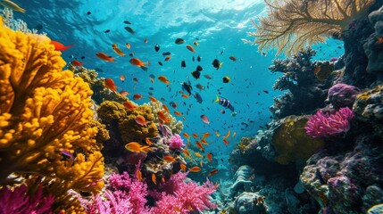 A vibrant coral reef underwater with diverse marine life and colorful corals