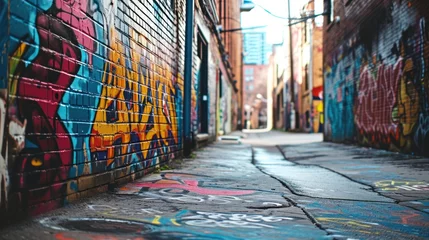 Photo sur Plexiglas Graffiti A vibrant graffiti wall in an urban alley, showcasing street art and creativity