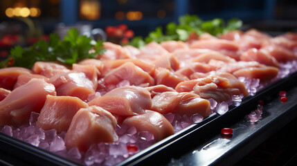 Chicken meat on a conveyor belt.