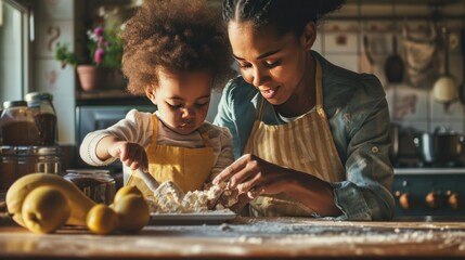 A mother and child baking together in a kitchen, family bonding moment - obrazy, fototapety, plakaty