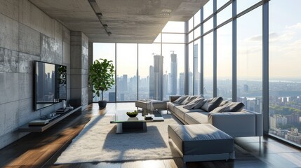 A modern, minimalist living room with large windows and a stunning cityscape view