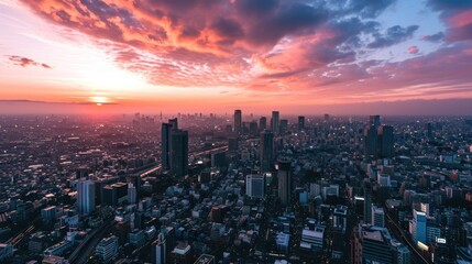 Fototapeta premium A panoramic aerial view of a sprawling metropolis at sunset with skyscrapers