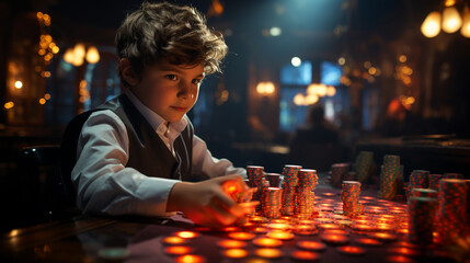 Child playing poker at casino.