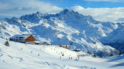 Fototapeta na wymiar A panoramic view of a snowy ski resort with skiers and picturesque mountains