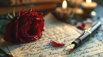 Handwritten love letters and vintage ink pen, nostalgic romance.