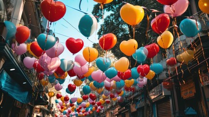 Heart-shaped balloons floating above a multicultural parade