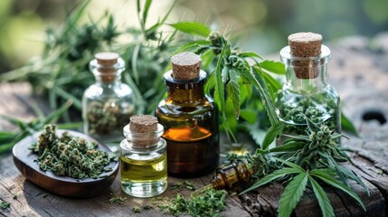Biomedical and organic cannabis medicine, medicinal plants, CBD oil, cannabis oil, products for medicinal purposes, including cannabis leaf.