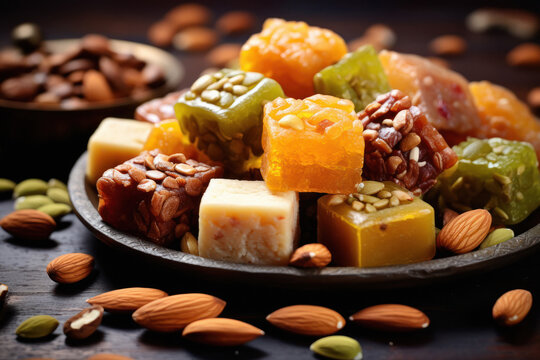 Various flavor indian sweets in plate