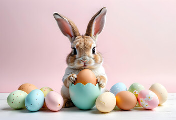 Cute rabbit holding eggs in pastel colors. Easter egg concept greeting card
