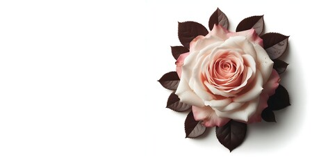There is a pink rose with leaves on a white background, generative ai