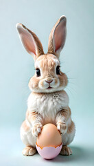Obraz premium Cute rabbit holding eggs in pastel colors. Easter egg concept greeting card