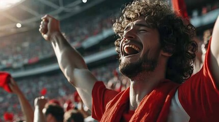 Fototapeta na wymiar The world of soccer celebrating in a stadium with cheering young brunette man with curly hair and beard.