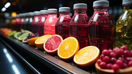 Juice bottles with fruit on a conveyor belt.