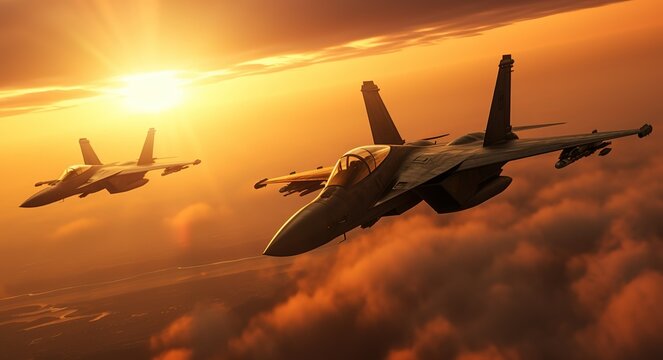 Military jets in the sky with sunset