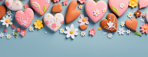 Fototapeta na wymiar Banner with homemade colorful heart shaped cookies with easter pattern