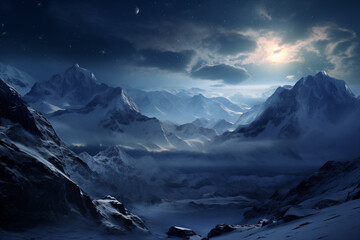 Lunar Majesty: Full Moon Rising Over Wintry Mountain Landscape, Generative AI illustration