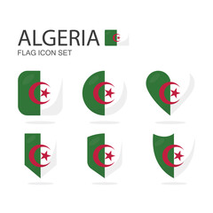 Algeria 3d flag icons of 6 shapes all isolated on white background.