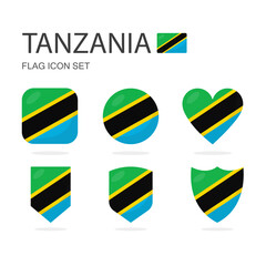 Tanzania 3d flag icons of 6 shapes all isolated on white background.