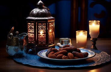 Ramadan Kareem greeting card with dates and lantern on wooden table