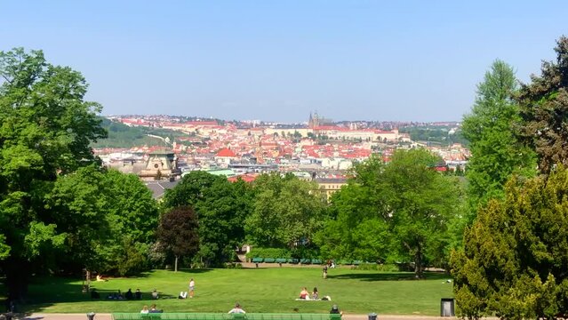 View of Prague Castle from Riegrovy Sady park viewpoint. Prague, Czech Republic.