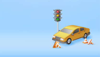 3D Sedan Car with Traffic Cones and Traffic Lights Isolated. Render Concept of Driving School. Driving Courses, Instructor Teacher Services and Car Training Tests. Realistic Vector Illustration