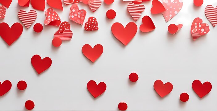 Generative ai hand painted wooden red hearts on a light background - loosely arranged and photographed from above with ambient light in a flat lay style
