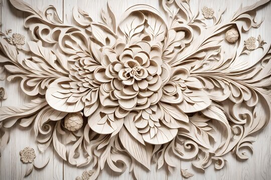 An HD image capturing the artistic finesse of papers with cut-out floral designs, arranged against a white wall background, creating a textured visual.