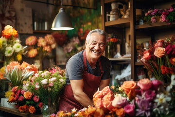 Elderly male florist florist working in flower shop - obrazy, fototapety, plakaty