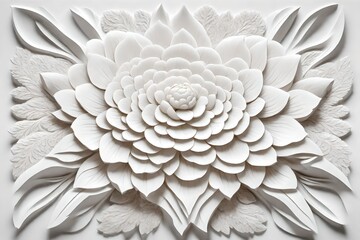 A detailed close-up capturing the intricate craftsmanship of a white floral carving, highlighting its texture against a pristine white backdrop - obrazy, fototapety, plakaty