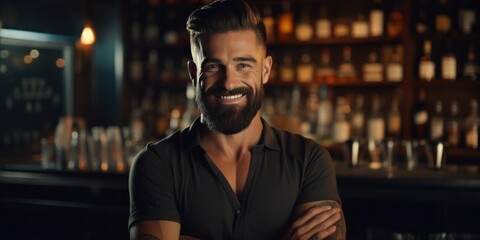 a male bartender posing in a bar, generative AI