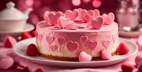 Generative ai A romantic homemade pink cake adorned with rose petals Generative AI
