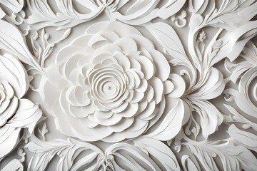 Fototapeta na wymiar The captivating beauty of a decorative white floral carving, enriched by its texture, against a pristine white wall background